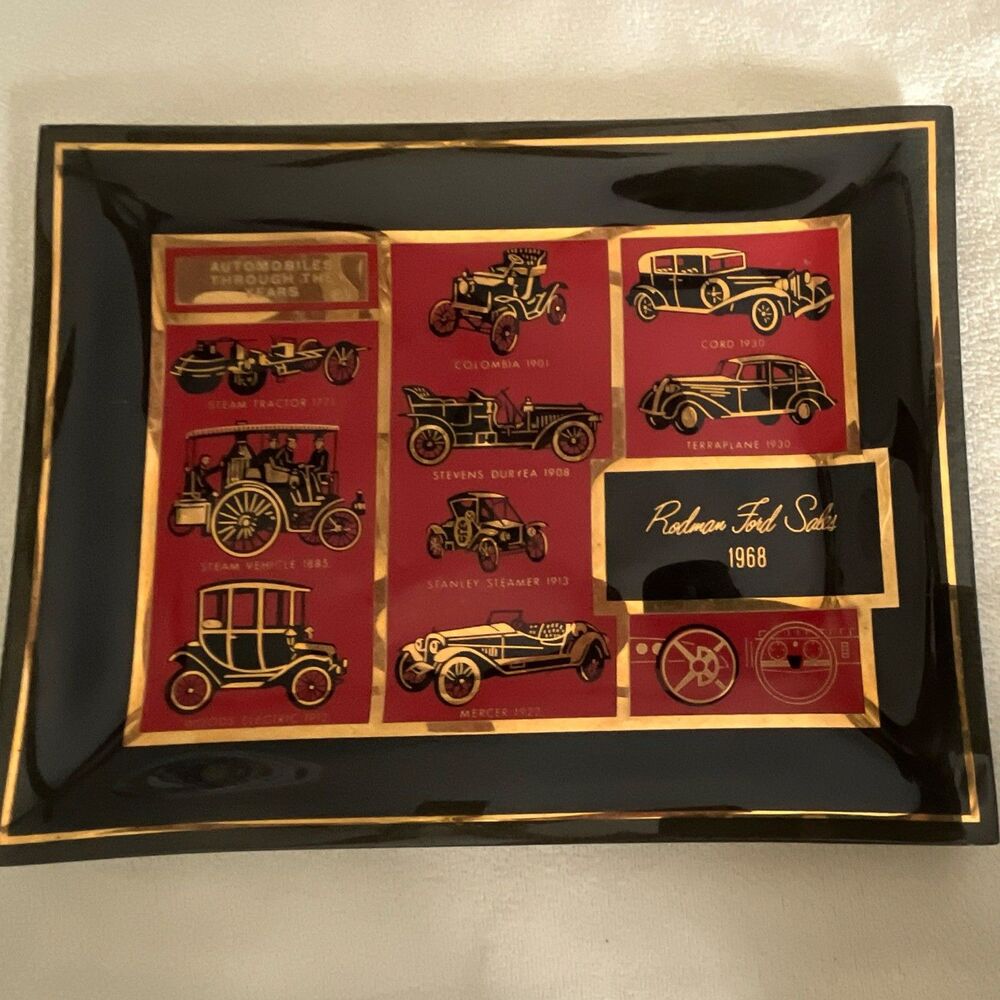 1968 Vintage Ford Automobile Sales Promotional Glass Tray Dish 7x9 Red and Gold